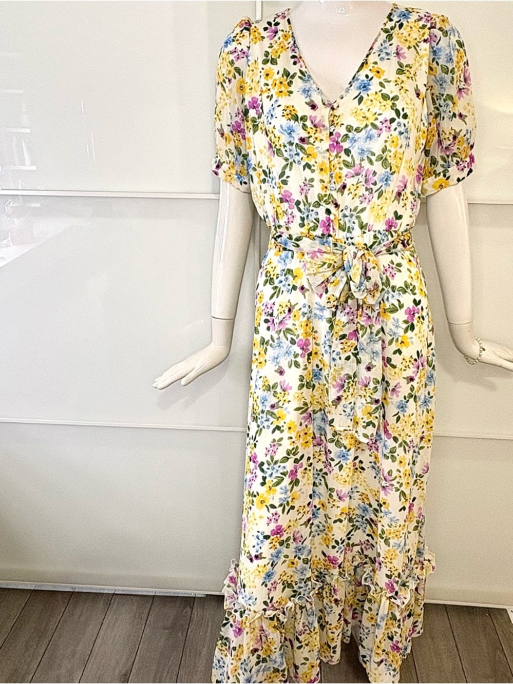 🎀 CALVIN KLEIN Romantic Floral Spring Midi Dress Puff Sleeve Ruffle Hem Sz 6 - Picture 3 of 9